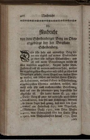 III. Nachricht von dem Scheibenberger Berg im Obererzgebürge bey der Bergstadt Scheibenberg.