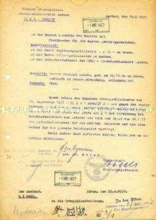 Innerbehördliches Schreiben der Gestapo Aachen an die Landräte des Bezirkes zum Rede- und Aufenthaltsverbot für Pastor Richard Sudrow