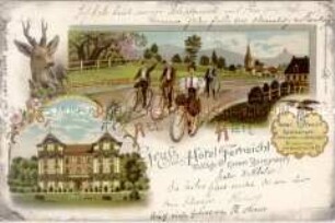 Postkarte mit Hotelwerbung, mit Radfahrern