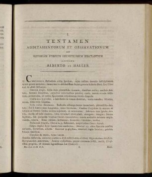 I. Tentamen Additamentorum Et Observationum Ad Historiam Stirpium Helveticarum Spectantium