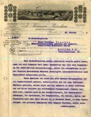 Geschäftsbrief der Firma Kemna an das Maschinentechnische Institut der Landwirtschaftlichen Hochschule Berlin