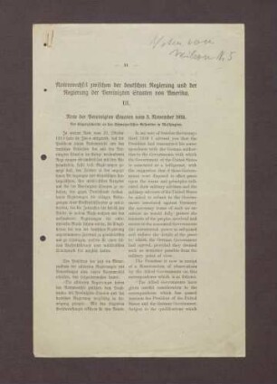 Note der Vereinigten Staaten vom 5. November 1918; Druckschrift in zwei Spalten mit deutscher und englischer Fassung