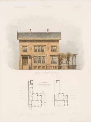 Wohnhaus Felix Coste, St. Louis: Grundrisse, Ansicht (aus: Architektonisches Skizzenbuch, H. 85/3, 1867)