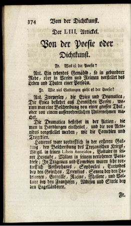 Der LIII. Artickel. Von der Poesie oder Dichtkunst.