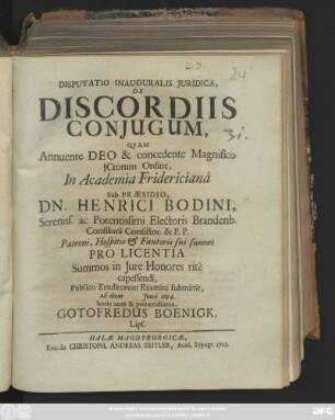 Disputatio Inauguralis Juridica, De Discordiis Conjugum