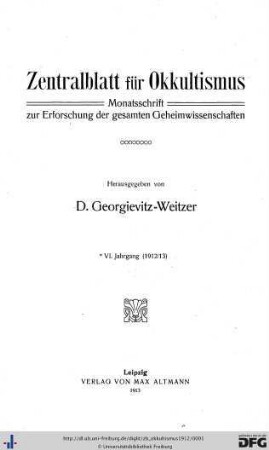 6: Zentralblatt für Okkultismus: Monatsschrift zur Erforschung der gesamten Geheimwissenschaften