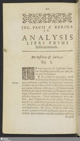 Jul. Pacii A Beriga J. C. Analysis Libri Primi Institutionum