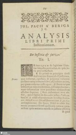 Jul. Pacii A Beriga J. C. Analysis Libri Primi Institutionum