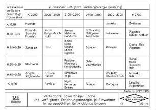 Verfügbare ackerfähige Fläche und verfügbare Ernährungsenergie je Einwohner in ausgewählten Entwicklungsländern