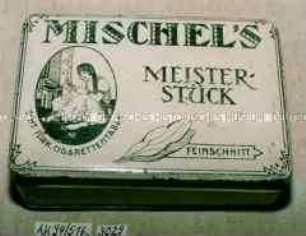 Blechdose für 50g Tabak "MISCHEL'S MEISTER-STÜCK" (Abbildung: sitzende zigarettendrehende Orientalin)