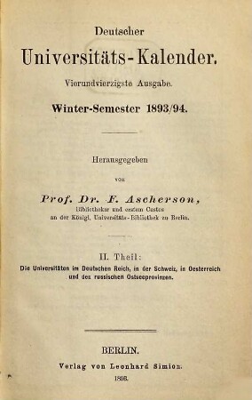 Deutscher Universitätskalender. 44. 1893/94, WS = Theil 2