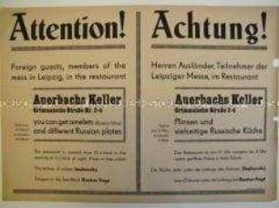 Zweisprachiger Maueranschlag mit Werbung des Lokals "Auerbachs Keller" in Leipzig