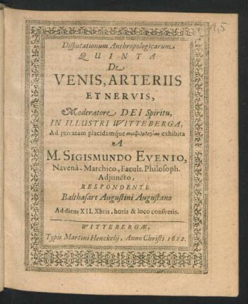 Disputationum Anthropologicarum Quinta De Venis, Arteriis Et Nervis