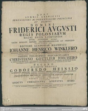 Summis Auspiciis Serenissimi Ac Potentissimi Principis Et Domini Domini Friderici Augusti ... Rectore ... Johanne Henrico Winklero ... Christiano Gottlieb Ioechero ... Godofredo Heinsio ... Philosophiae Doctor Et Liberalium Artium Magister Creatus Est Hacque Tabula Publica Declaratur Enocus Christianus Augustus Otho ... : [Leipziger Doctordiplom für E. Chr. A. Otho d. d. Dom. XVI p. fest. trin. 1755]