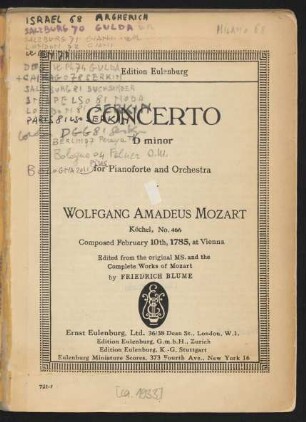 Concerto D minor for pianoforte and orchestra : Köchel, No. 466