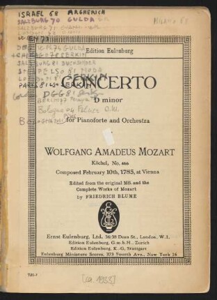 Concerto D minor for pianoforte and orchestra : Köchel, No. 466
