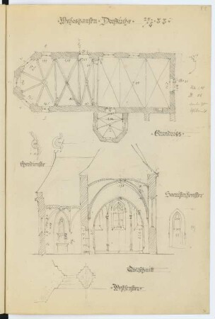 Dorfkirche, Marburg-Wehrshausen: Grundriss, Schnitt, Details (aus: Skizzen- und Fotoalbum 2)
