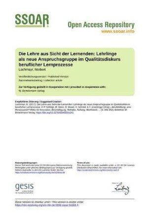 Die Lehre aus Sicht der Lernenden: Lehrlinge als neue Anspruchsgruppe im Qualitätsdiskurs beruflicher Lernprozesse