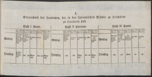 E. Verzeichniß der Lectionen, die in der Lateinischen Schule zu Helmstedt zu tractiren sind