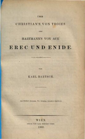 Über Christian's von Troies & Hartmann's von Aue Erec & Enide