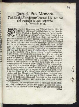 Zweytes Pro Memoria Des Königl. Preußchen General-Lieutenant von Schwerin de dato Rostock den 8. Novemb. 1733