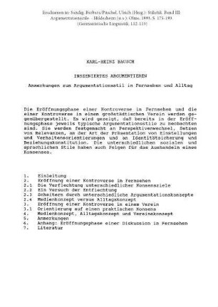 Inszeniertes Argumentieren. Anmerkungen zum Argumentationsstil in Fernsehen und Alltag