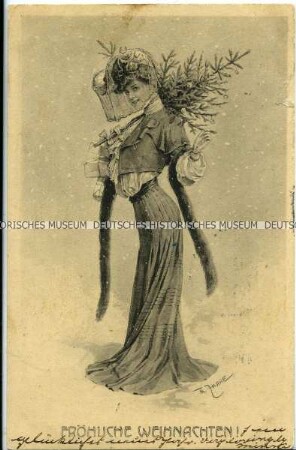 Weihnachtspostkarte mit eleganter Frau