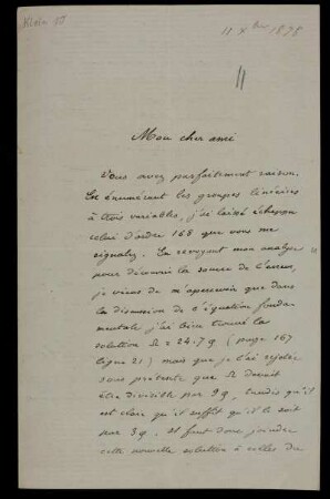 Nr. 1: Brief von Camille Jordan an Felix Klein, Ohne Ort, 11.12.1878