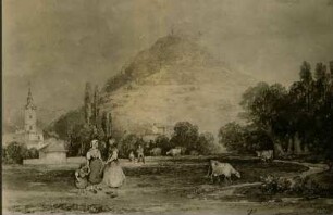 Landschaftsgemälde mit Personen im Vordergrund. Dorfansicht mit Kirchturm. Obermoschel mit Moschellandsburg