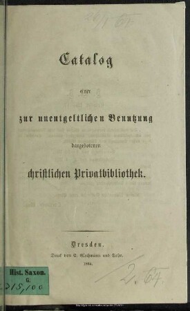 Catalog einer zur unentgeltlichen Benutzung dargebotenen christlichen Privatbibliothek