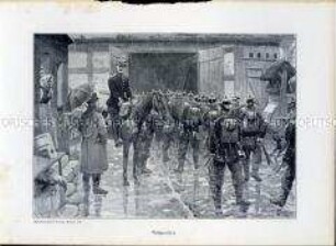 Uniformdarstellung, Einquartierung der Infanterie in einer Scheune, Preußen, 1910/1912. Tafel aus: Knötel: Preußen, Unser Heer.
