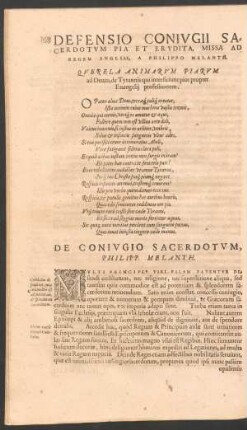 Defensio Coniugii Sacerdotum Pia Et Erudita, Missa Ad Regem Angliae, A Philippo Melanth.