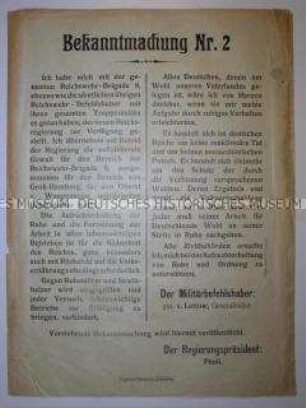 Maueranschlag mit der Bekanntmachung des Militärbefehlshabers und des Regierungspräsidenten von Schleswig-Holstein nach dem Kapp-Putsch