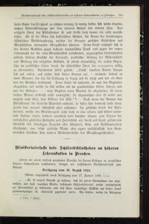 Ministerialerlasse betr. Schülerbibliotheken an höheren Lehranstalten in Preußen
