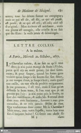 Lettre CCCLXIX. A la même. A Paris, Mécredi 20 Octobre, 1677