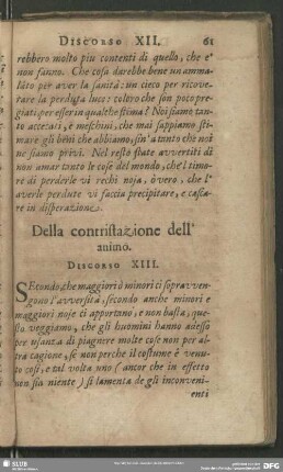 Della Contristazione dell´animo. Discorso XIII.