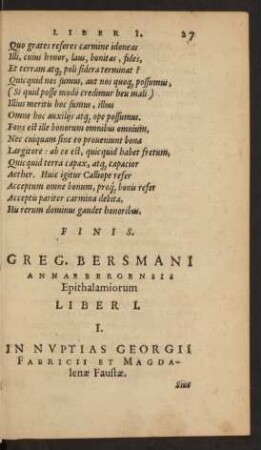 Greg. Bersmani Annaebergensis Epithalamiorum Liber I.