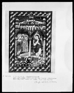 Perikopenbuch aus Kloster Altomünster — Die drei Frauen am Grabe mit dem Engel, und Wächter, Folio 76verso