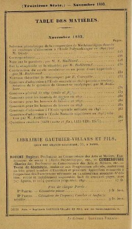 Table des matières. Novembre 1893.
