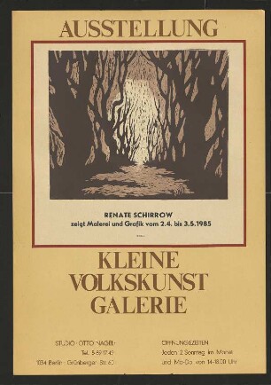 Ausstellungswerbung: "Renate Schirrow zeigt Malerei und Grafik" von 02.04. bis 03.05.1985