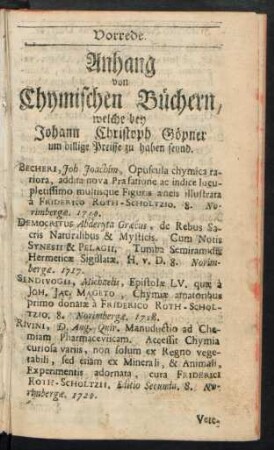 Anhang von Chymischen Büchern, welche bey Johann Christoph Göpner um billige Preisse zu haben seynd.
