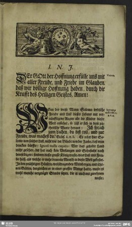 Leichenpredigt : Der Gläubigen heilige Freude in Gott, Introitus, [Leichen-Spruch], Exordium, Propositio, [Tractatio], Usus