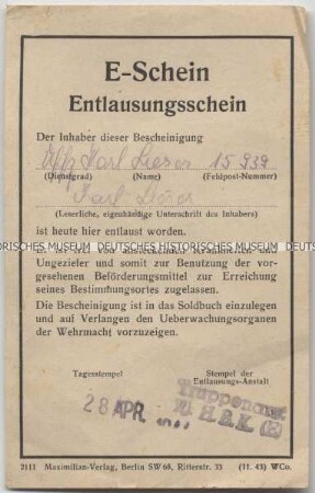 Entlausungsschein einer Sanitäts-Einheit der Deutschen Wehrmacht für einen Unteroffizier