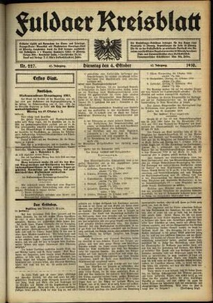 Erste Ausgabe vom Dienstag, den 04. Oktober 1910.