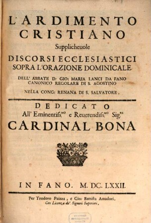 L' Ardimento Cristiano Supplicheuole Discorsi Ecclesiastici Sopra L'Orazione Dominicale