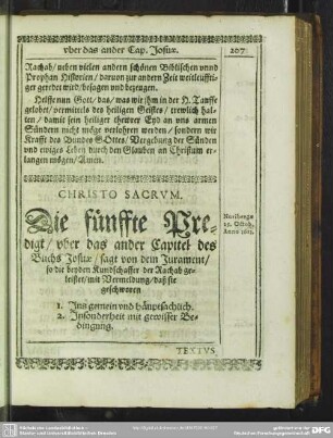 [Die fünffte Predigt, uber das ander Cap. Josuae]. Die fünffte Predigt, uber das andere Capitel des Buchs Josuae, sagt von dem Jurament, so die beyden Kundschaffer dem Rachab geleistet ...