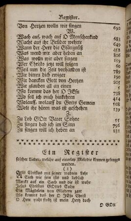 Ein Register solcher Lieder, welche auf einerley Melodie können gesungen werden.