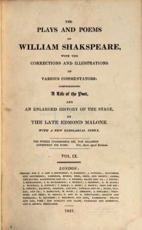 The plays and poems of William Shakspeare : With a new glossarial index, Vol. IX.. Measure for measure. Othello.