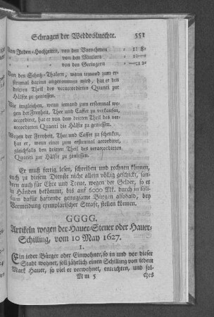 GGGG. Artikeln wegen der Hauer=Steuer oder Hauer=Schilling, vom 10 May 1627.
