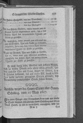 GGGG. Artikeln wegen der Hauer=Steuer oder Hauer=Schilling, vom 10 May 1627.